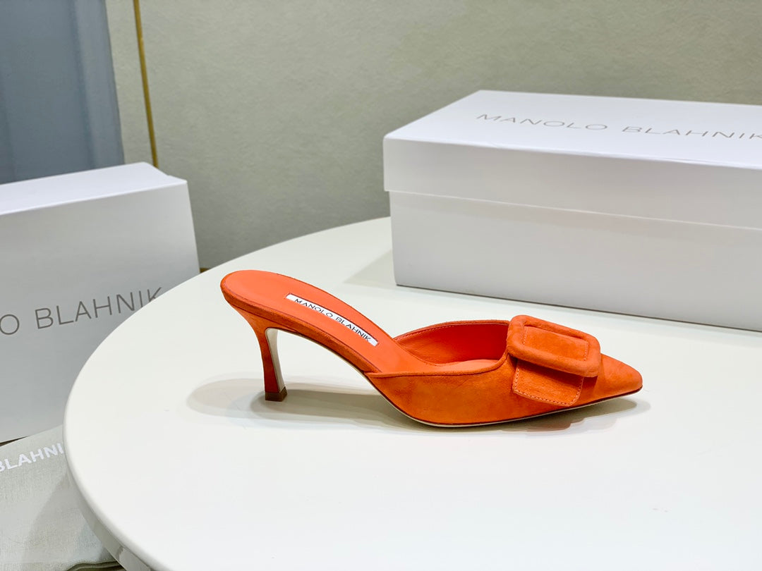 Manolo Mules 7cm Orange Suede Leather Bottom 451189