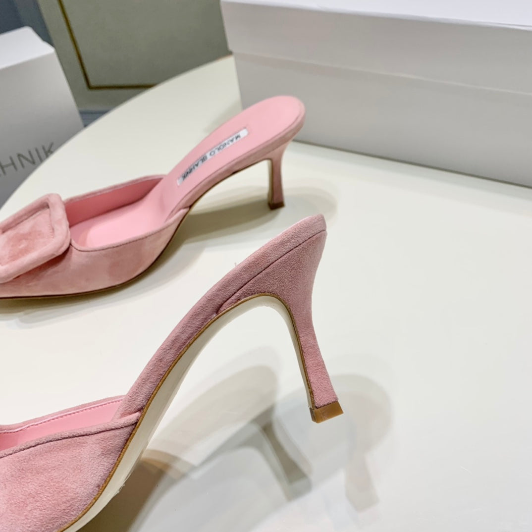 Manolo Mules 7cm Pink Suede Leather Bottom 451188