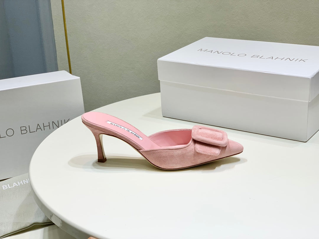 Manolo Mules 7cm Pink Suede Leather Bottom 451188