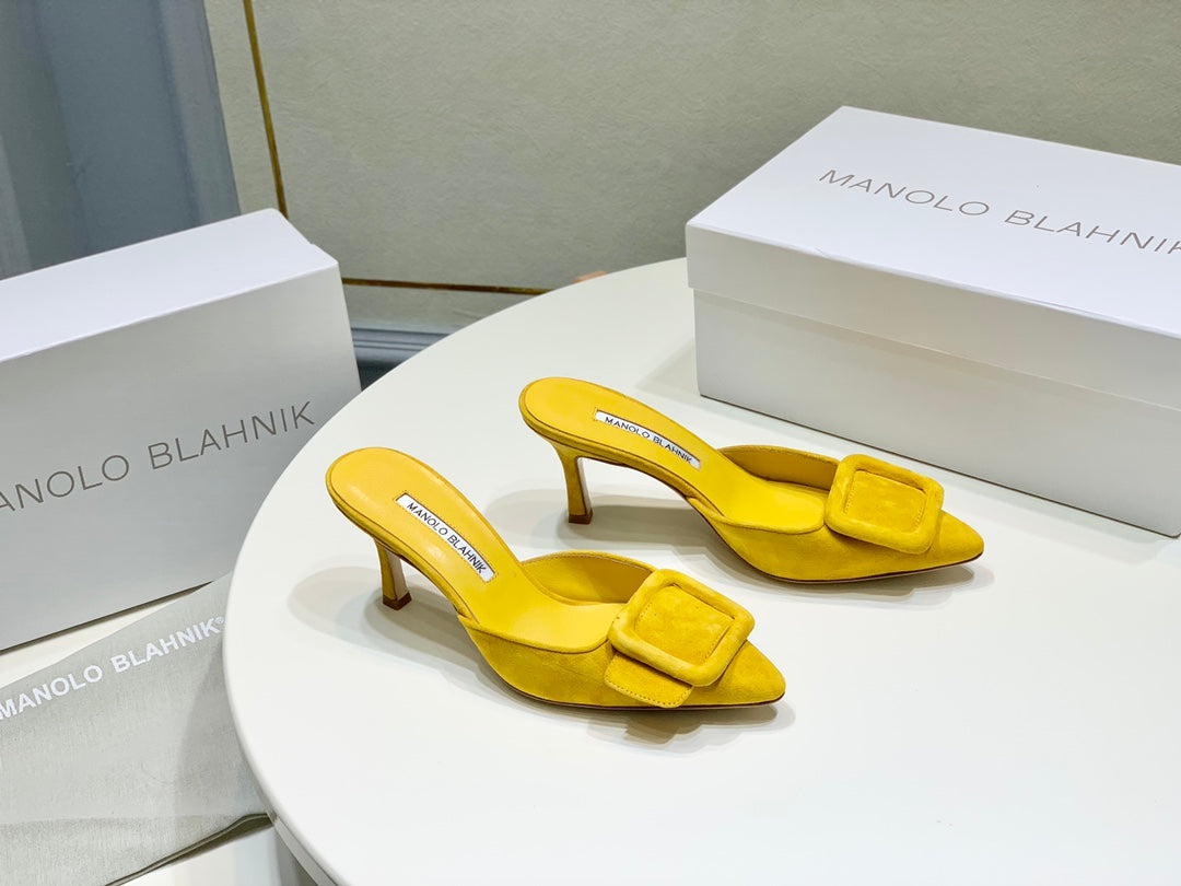 Manolo Mules 7cm Yellow Suede Leather Bottom 451186