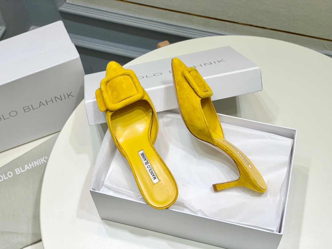 Manolo Mules 7cm Yellow Suede Leather Bottom 451186