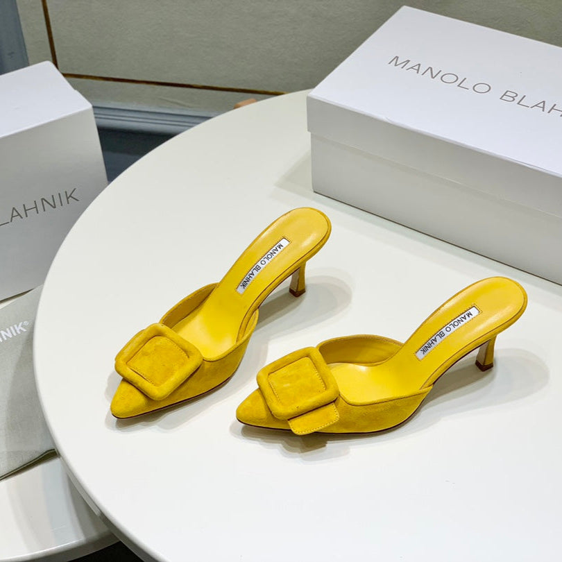 Manolo Mules 7cm Yellow Suede Leather Bottom 451186