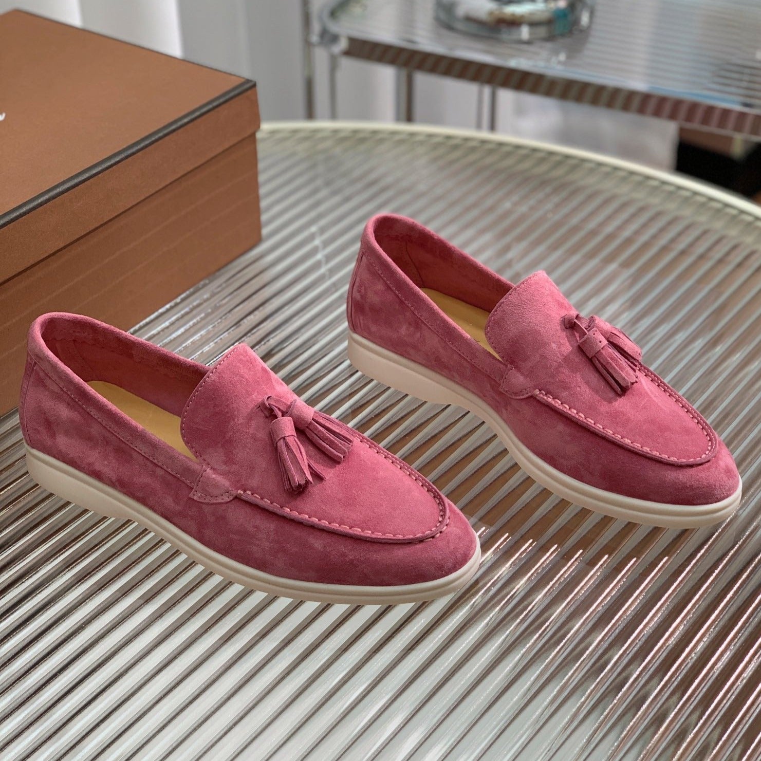 lp dot sole walk loafer pink red suede