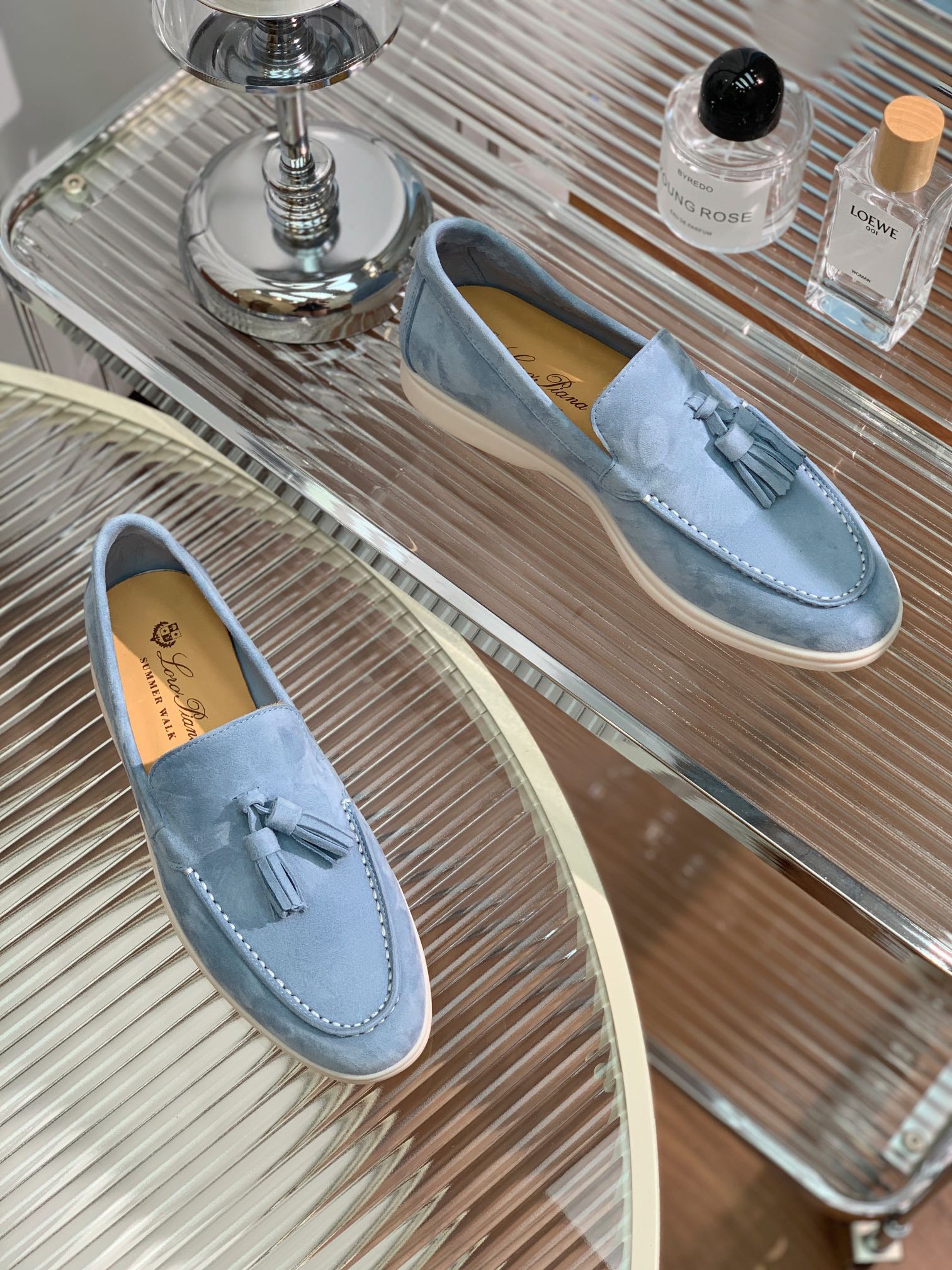 lp dot sole walk loafer cloud blue suede