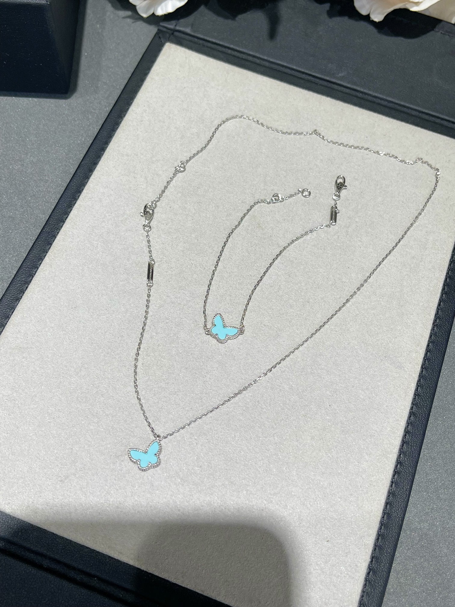 VCA Mini Butterfly Blue Ceramic Necklace Sliver