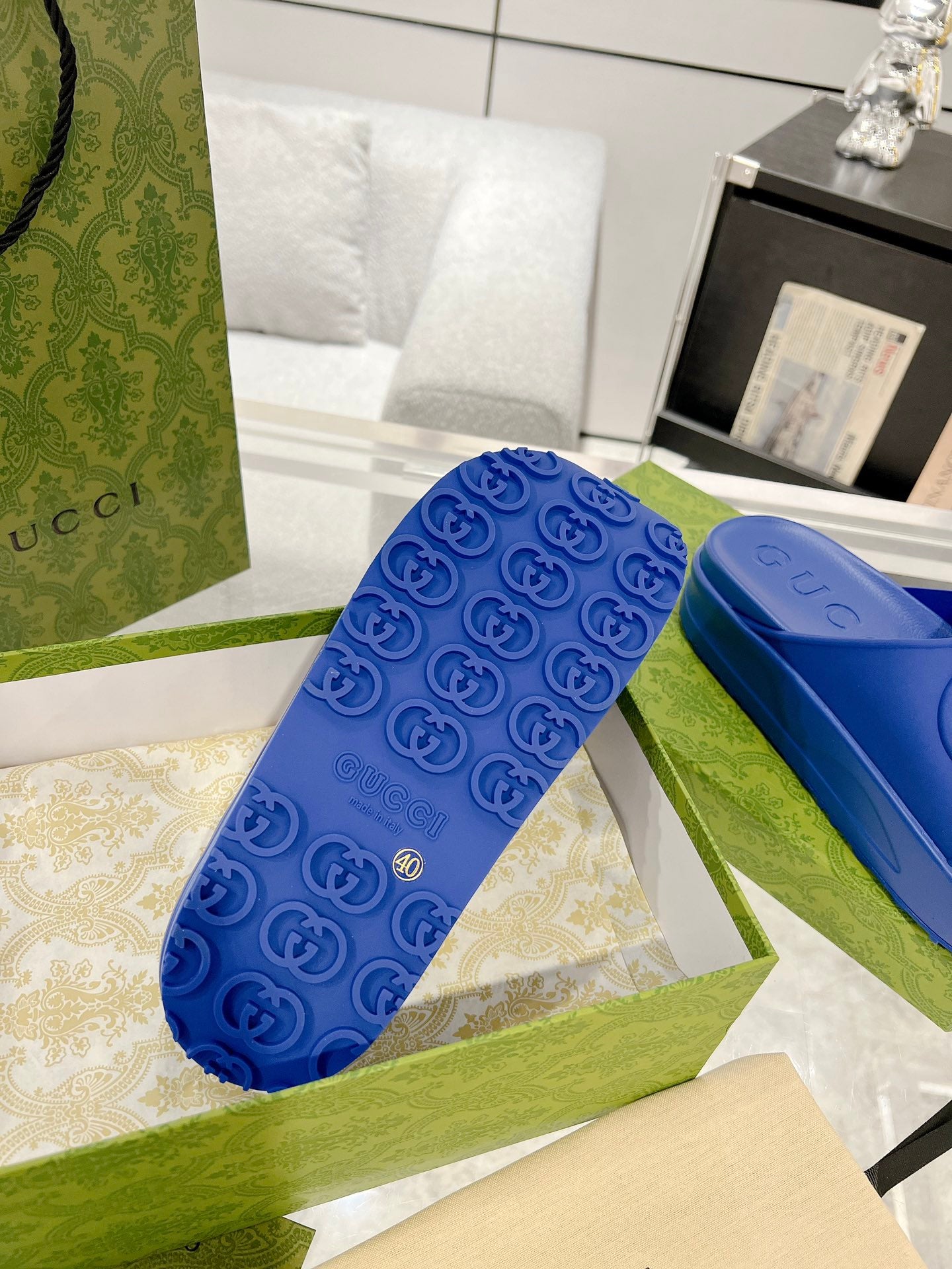 GC 25 Interlocking G 50mm Slide Sandal Blue Cowhide 292383