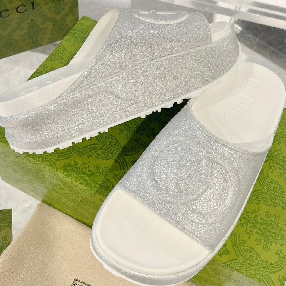 GC 25 Interlocking G 50mm Slide Sandal Gray White Cowhide 292387