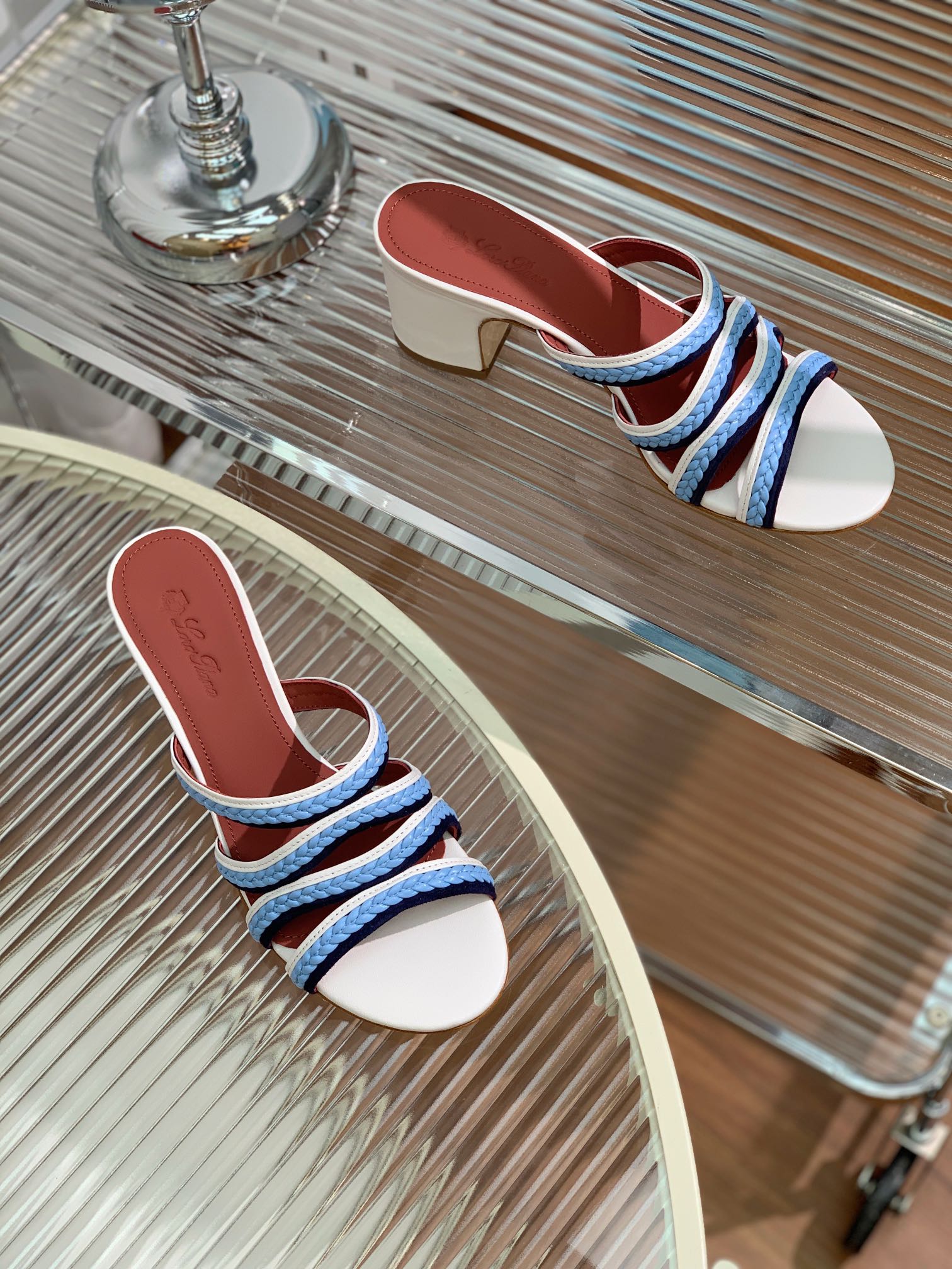 High Hee 60 Sprightly Charms Mule Sandal White Cloud Blue Navy Calfskin