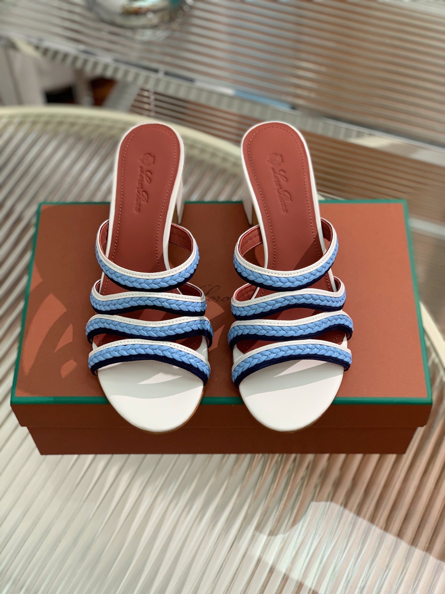 High Hee 60 Sprightly Charms Mule Sandal White Cloud Blue Navy Calfskin