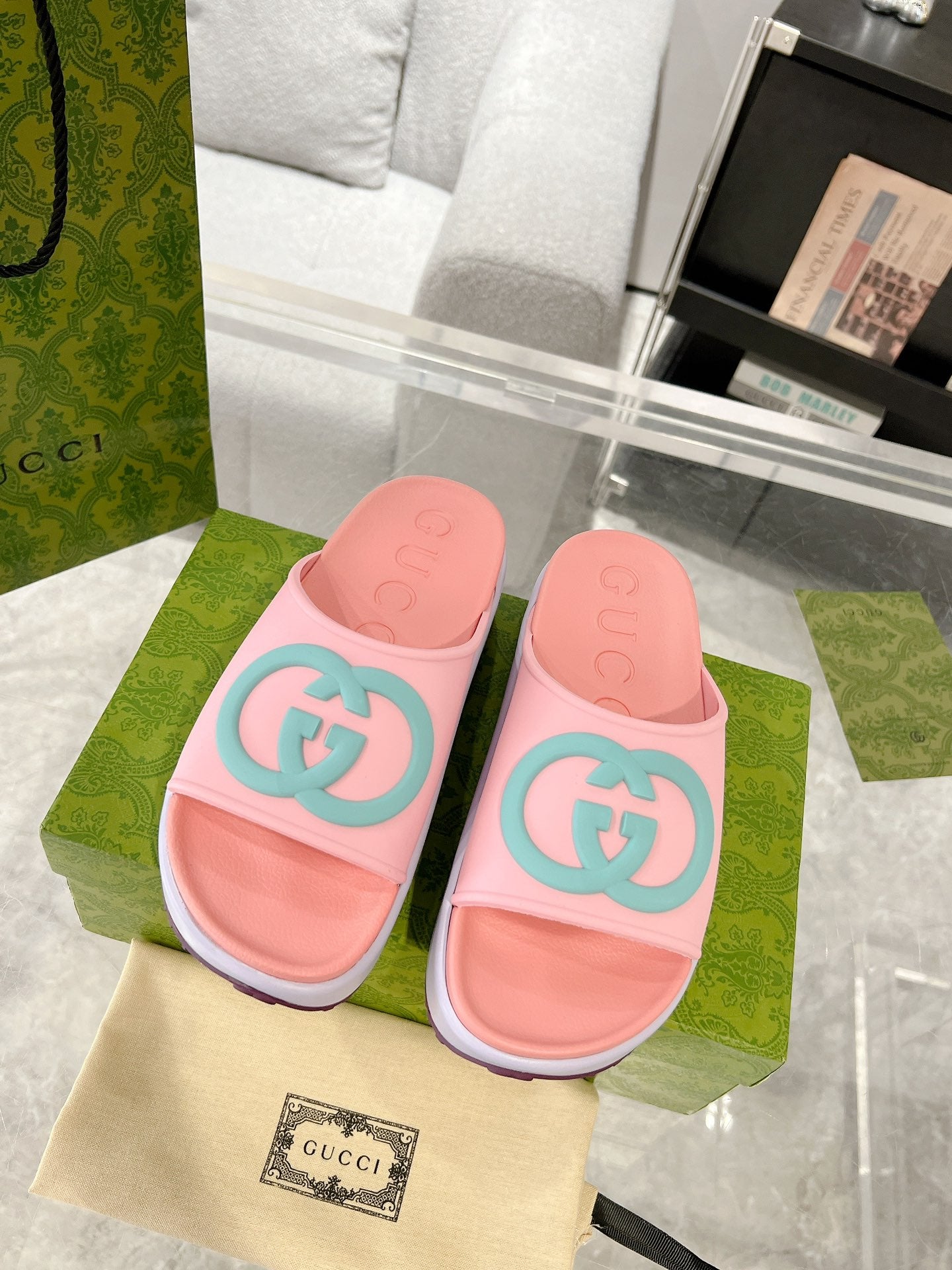 GC 25 Interlocking G 50mm Slide Sandal Pink Blue Cowhide 292397