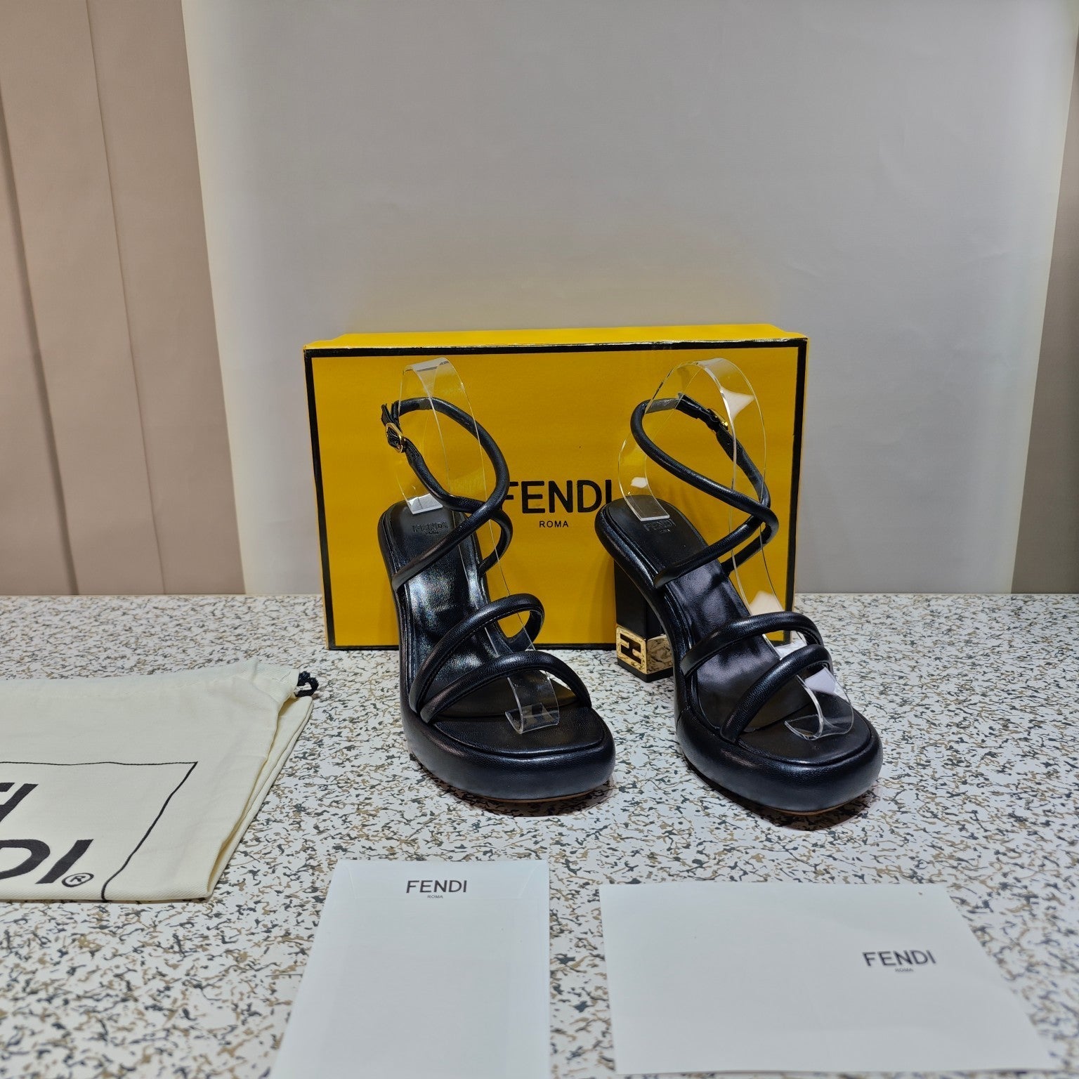 FENDI CHUNKY HIGH-HEELED SANDAL IN BLACK CALFKIN WITH GOLD HARDWARE