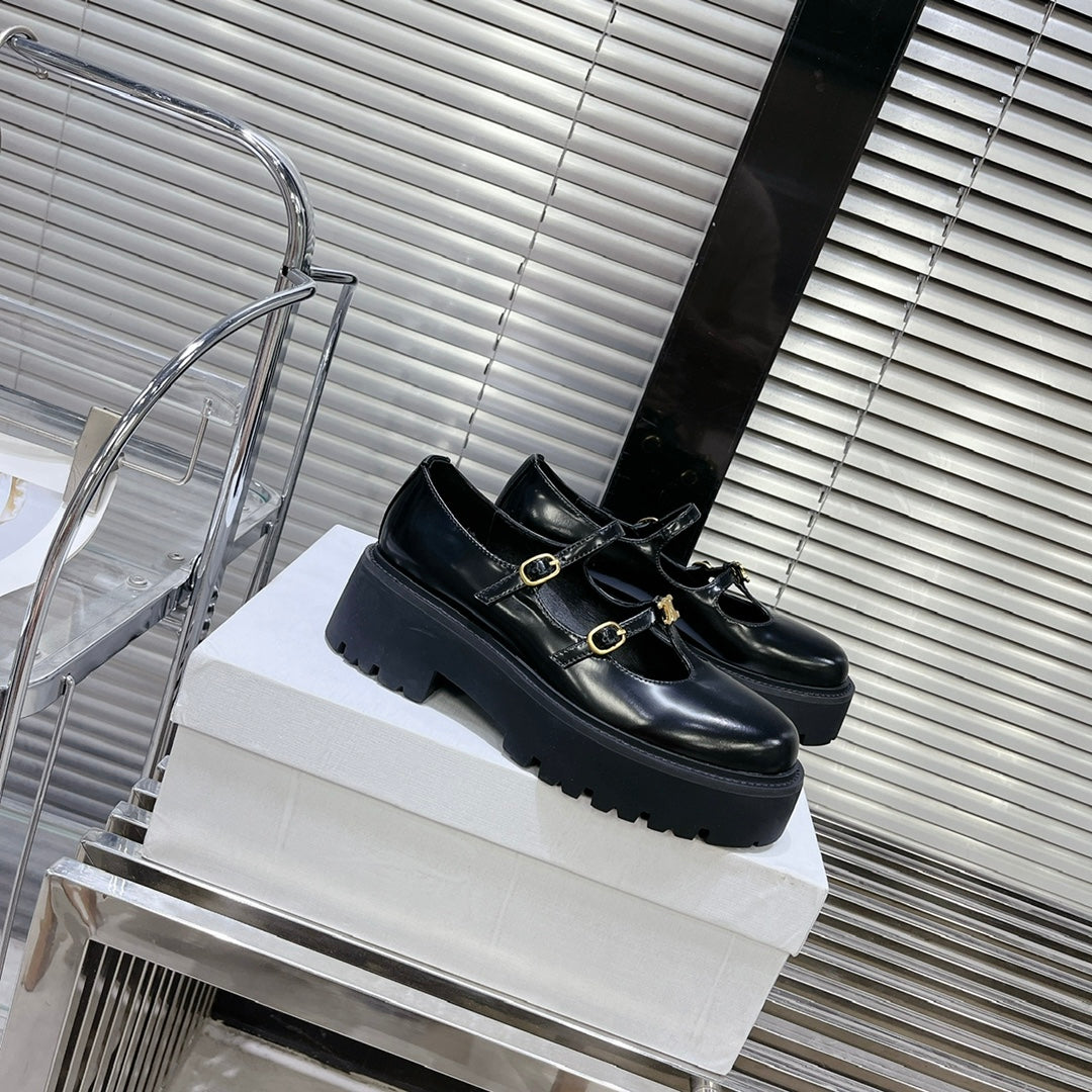 HIGH FLAT SANDALS WITH DOUBLE STRAP-DESIGN LEATHER BLACK