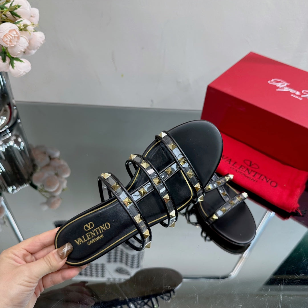 VT 25 Rockstud Flat Sandals Black PVC Sheepskin