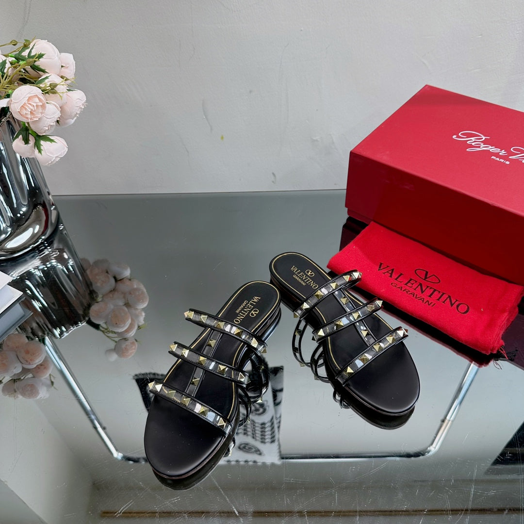 VT 25 Rockstud Flat Sandals Black PVC Sheepskin