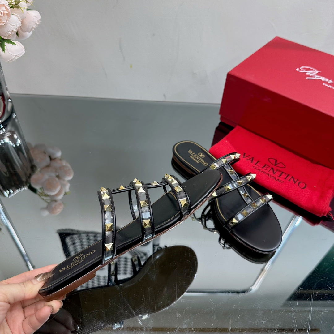 VT 25 Rockstud Flat Sandals Black PVC Sheepskin