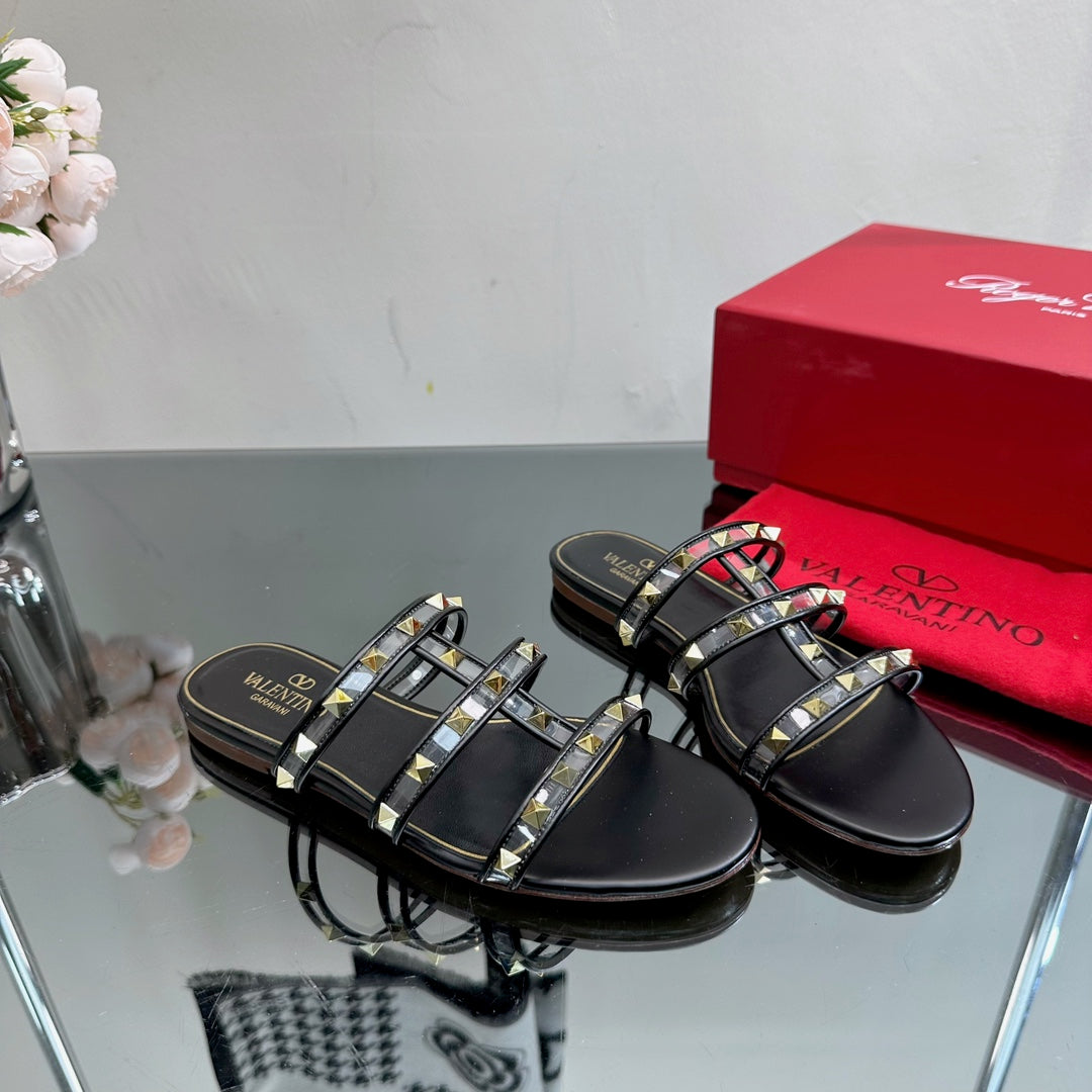 VT 25 Rockstud Flat Sandals Black PVC Sheepskin