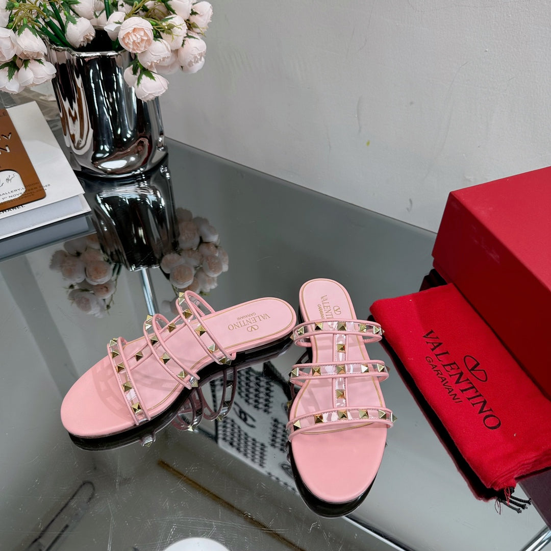 VT 25 Rockstud Flat Sandals Pink PVC Sheepskin