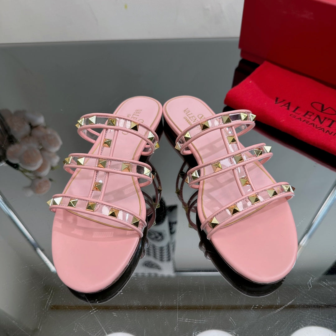 VT 25 Rockstud Flat Sandals Pink PVC Sheepskin