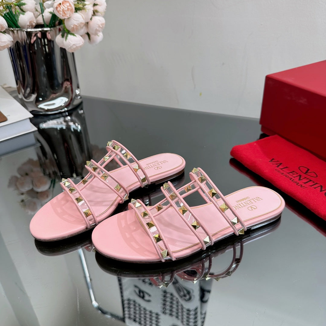 VT 25 Rockstud Flat Sandals Pink PVC Sheepskin