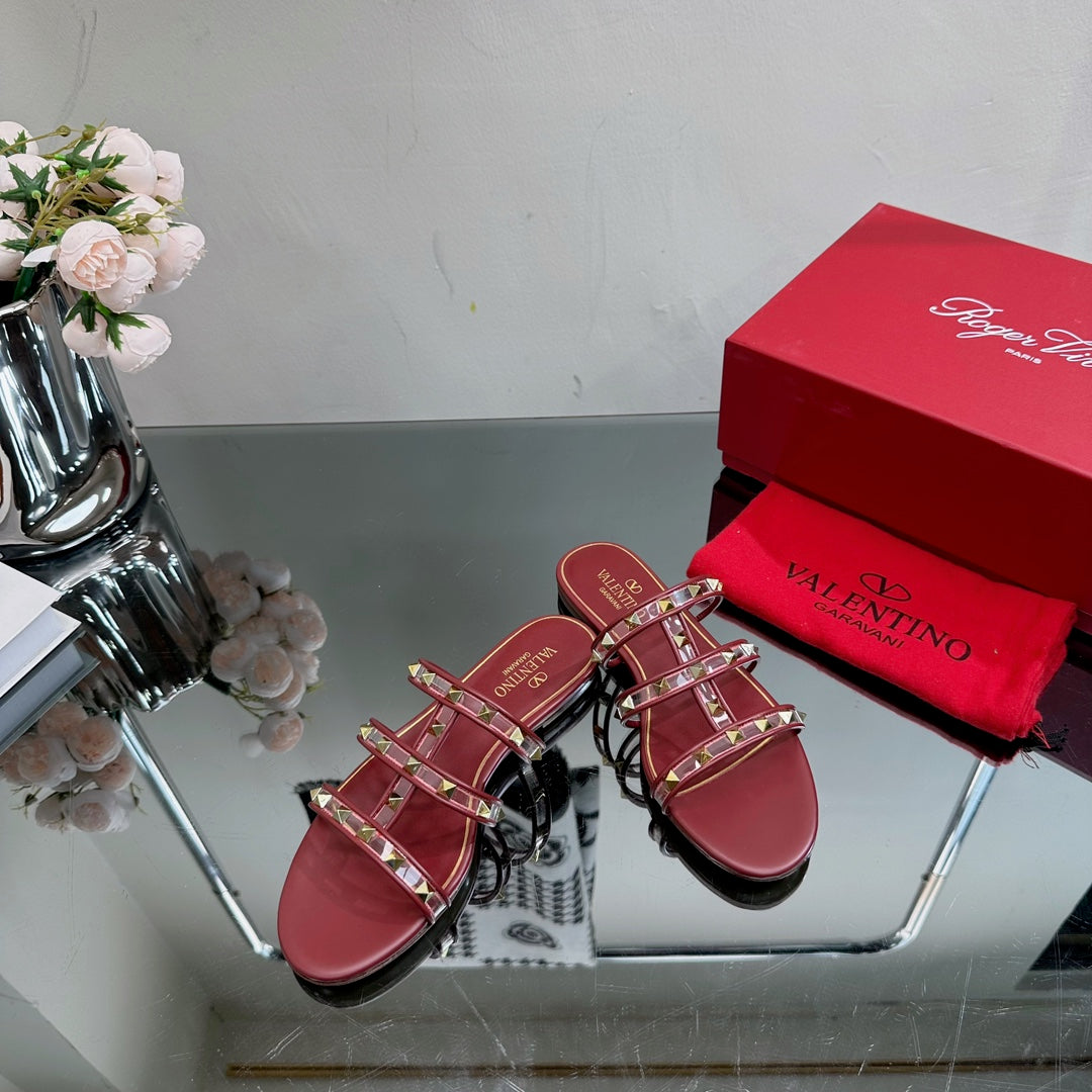 VT 25 Rockstud Flat Sandals Ruby Red PVC Sheepskin