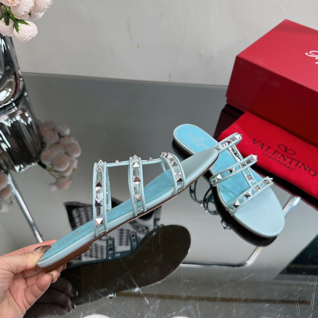 VT 25 Rockstud Flat Sandals Sky Blue PVC Sheepskin