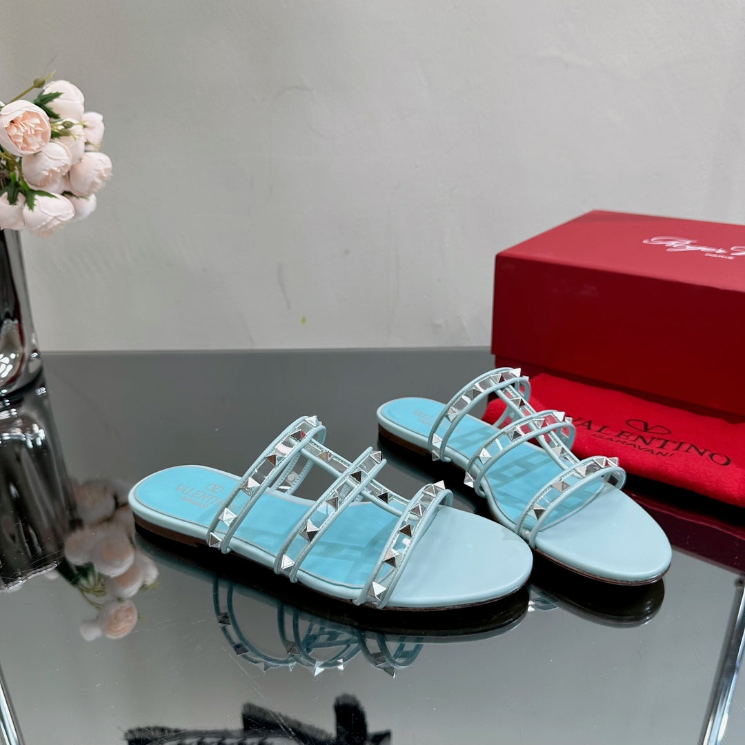 VT 25 Rockstud Flat Sandals Sky Blue PVC Sheepskin