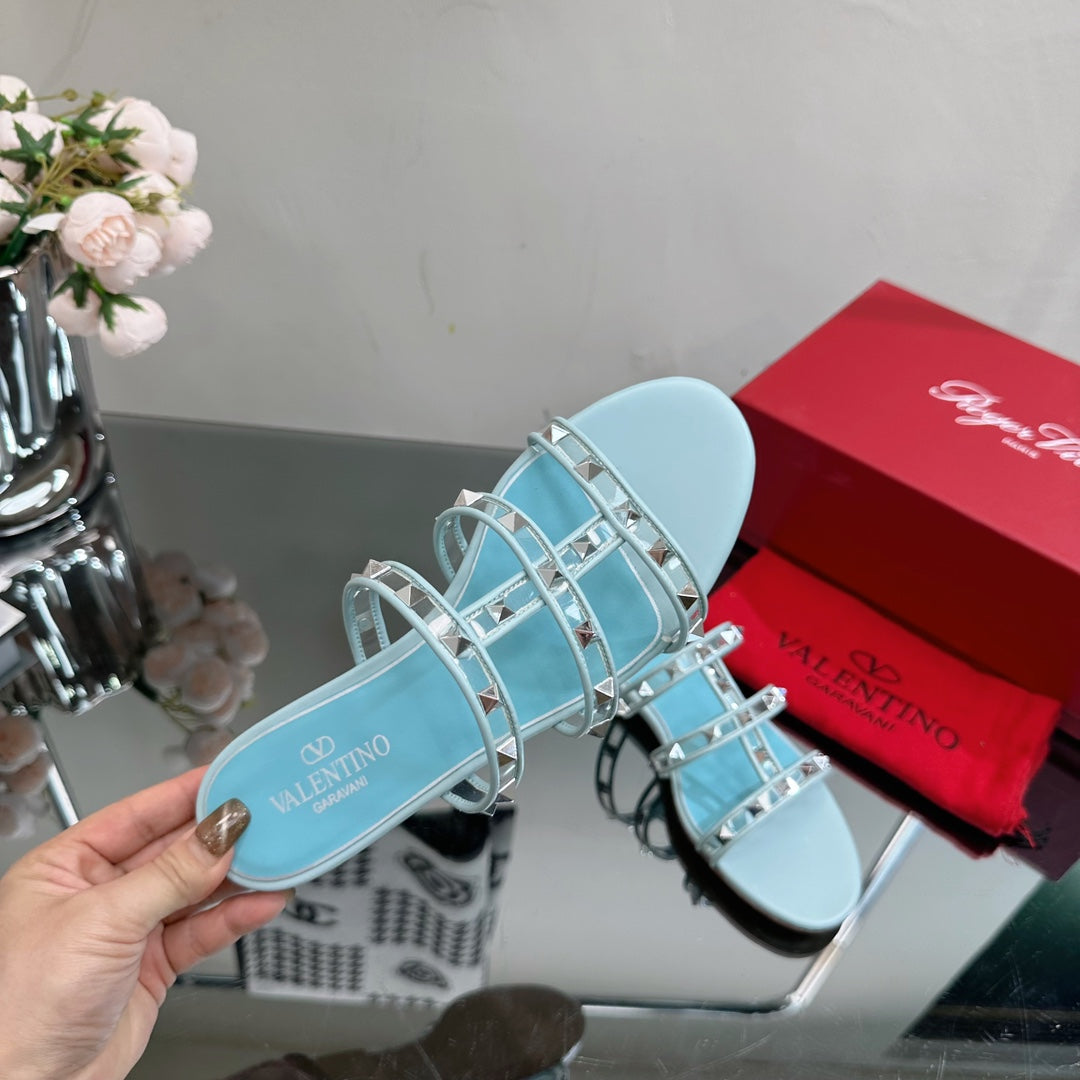 VT 25 Rockstud Flat Sandals Sky Blue PVC Sheepskin