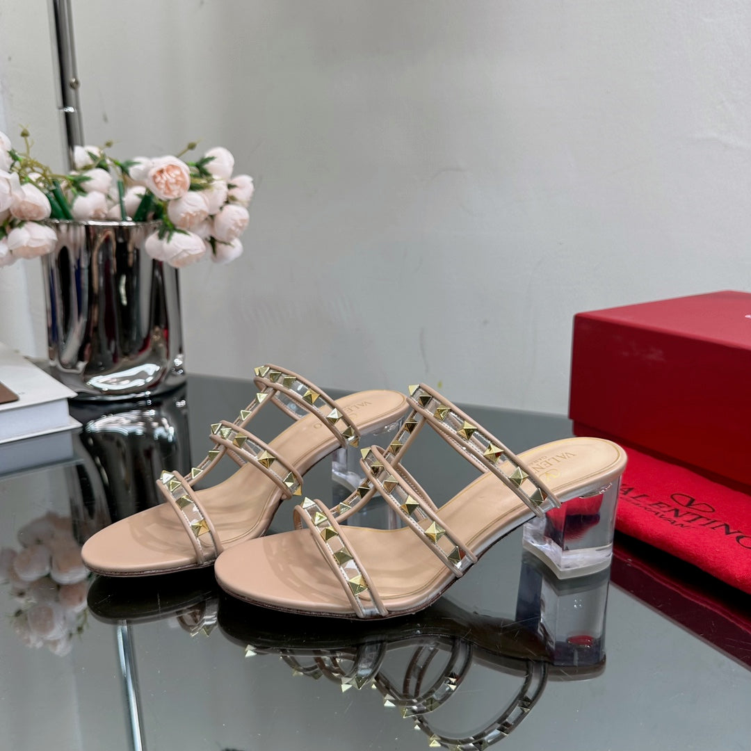 VT 25 Rockstud Sandals 65mm Beige PVC Sheepskin
