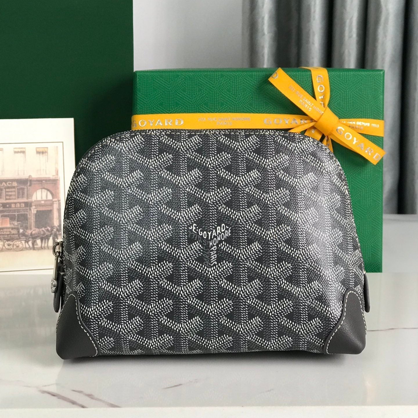 VENDÃ”ME COSMETIC POUCH 17 IN GREY BLACK GOYARDINE CANVAS AND CALFSKIN TRIM