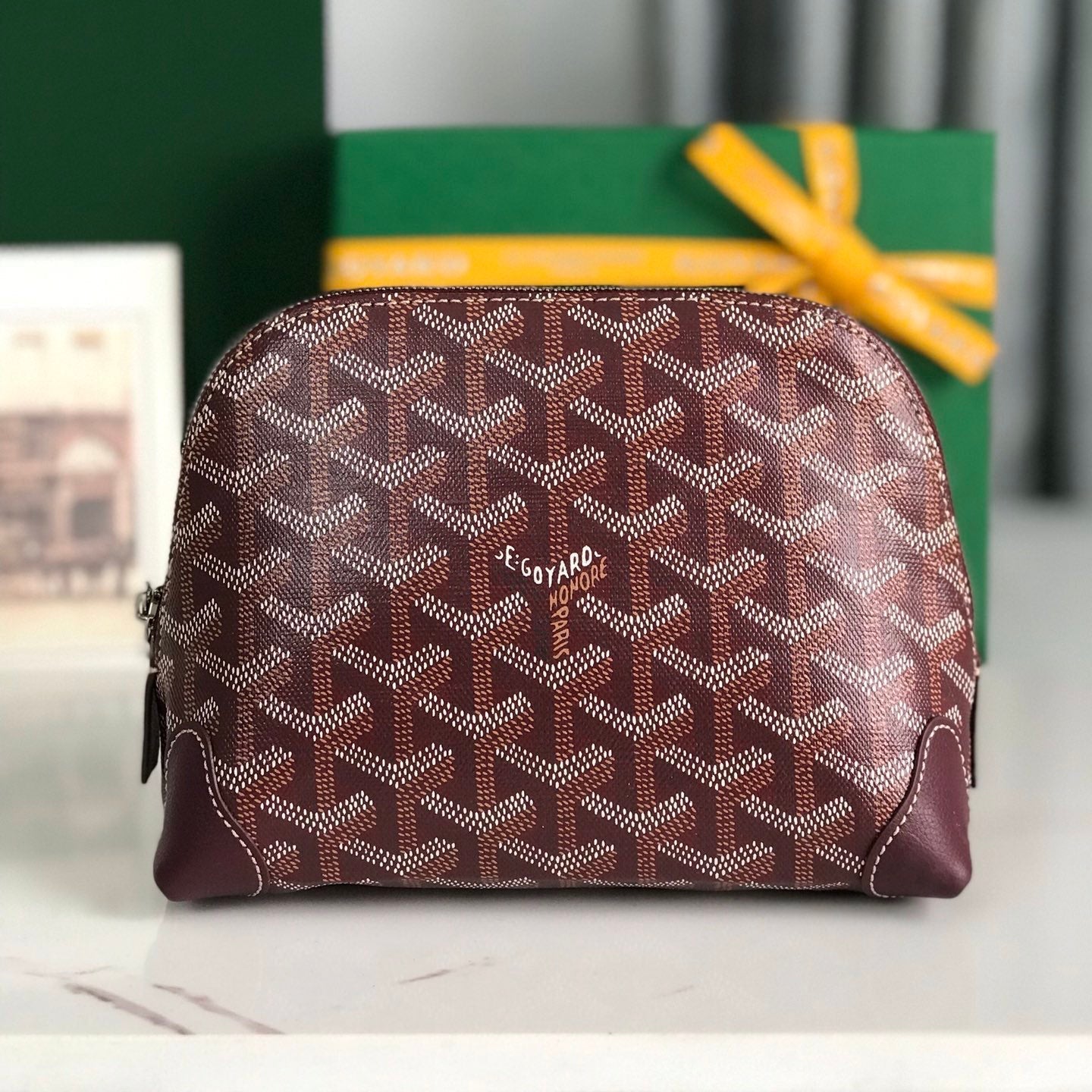 VENDÃ”ME COSMETIC POUCH 17 IN WINE RED GOYARDINE CANVAS AND CALFSKIN TRIM