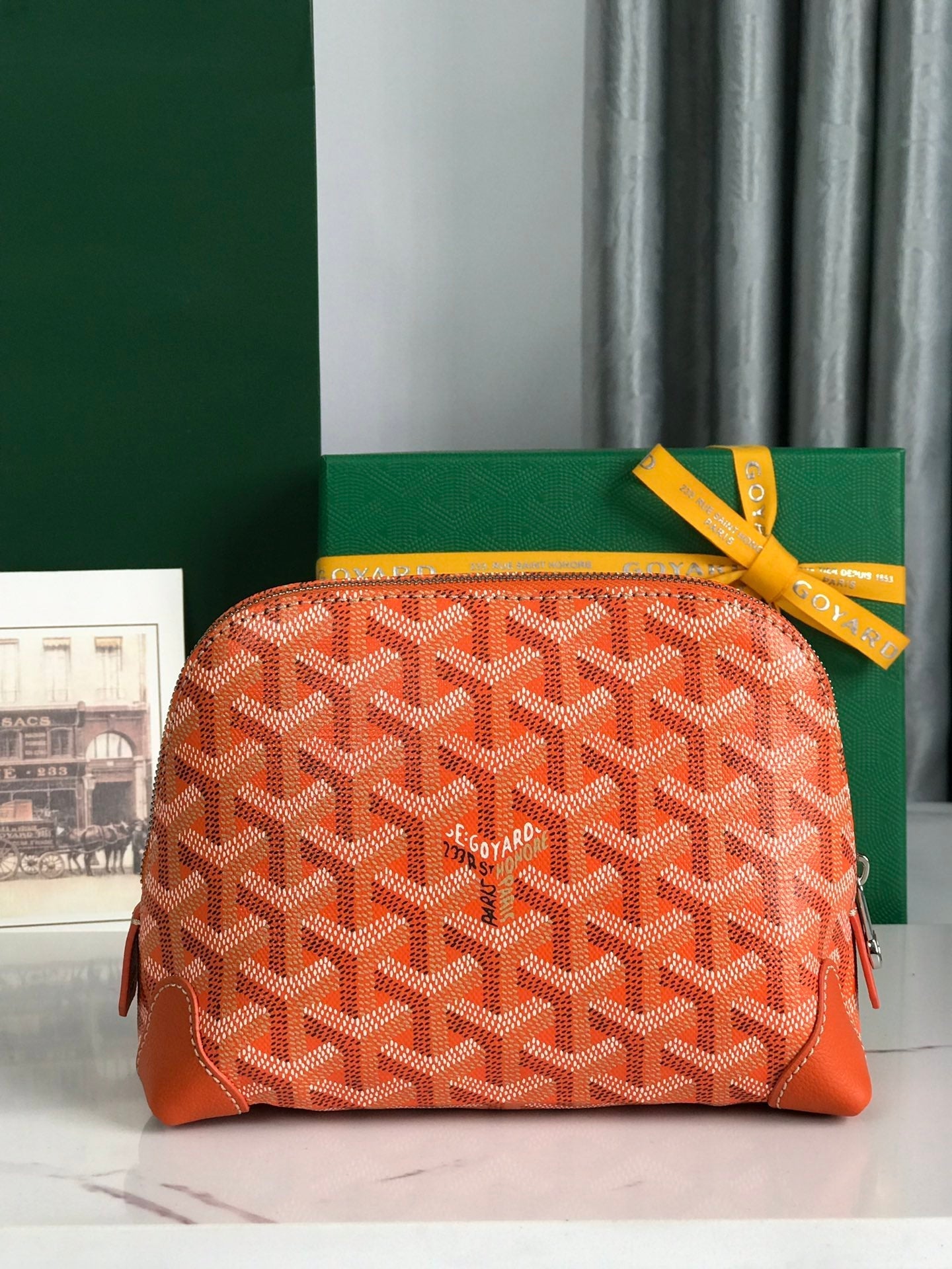 VENDÃ”ME COSMETIC POUCH 17 IN ORANGE GOYARDINE CANVAS AND CALFSKIN TRIM