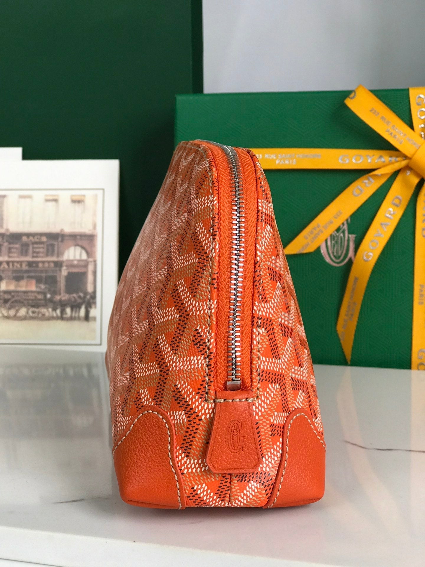 VENDÃ”ME COSMETIC POUCH 17 IN ORANGE GOYARDINE CANVAS AND CALFSKIN TRIM