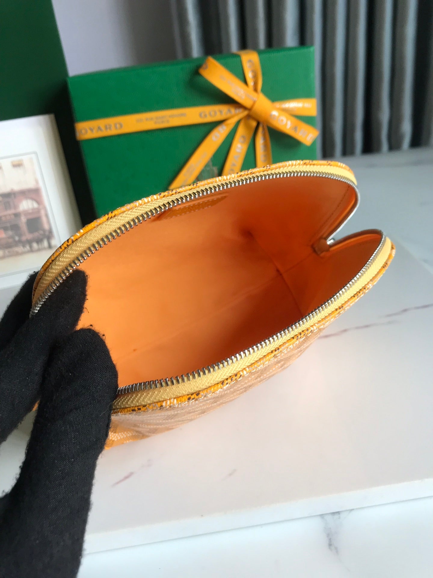 VENDÃ”ME COSMETIC POUCH 17 IN YELLOW GOYARDINE CANVAS AND CALFSKIN TRIM