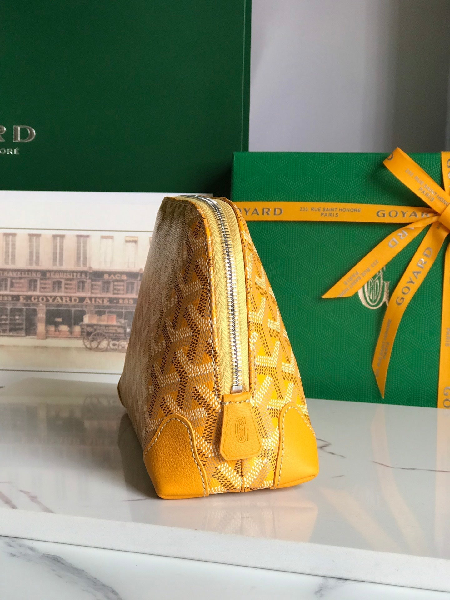 VENDÃ”ME COSMETIC POUCH 17 IN YELLOW GOYARDINE CANVAS AND CALFSKIN TRIM
