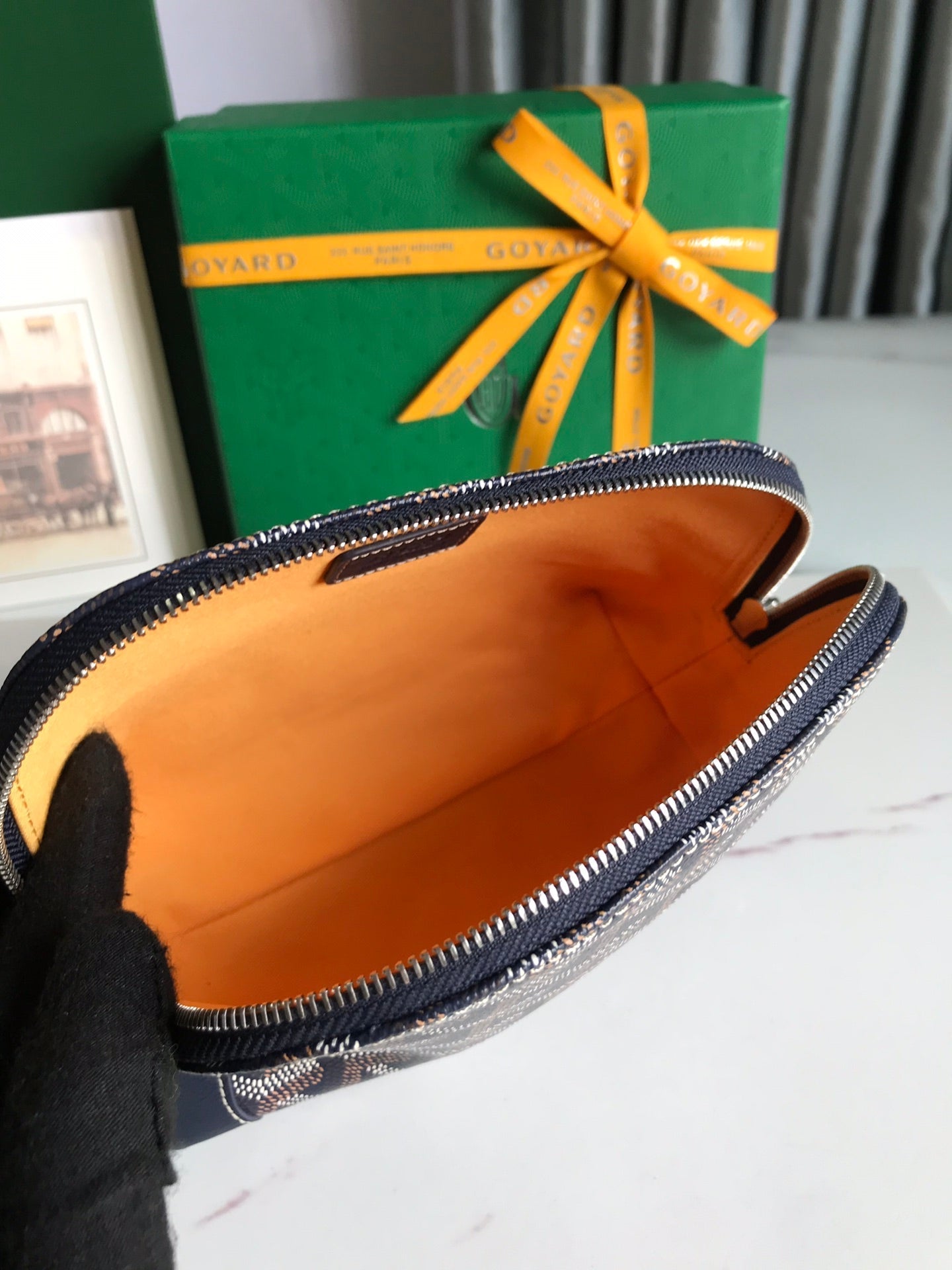 VENDÃ”ME COSMETIC POUCH 17 IN NAVY BLUE GOYARDINE CANVAS AND CALFSKIN TRIM