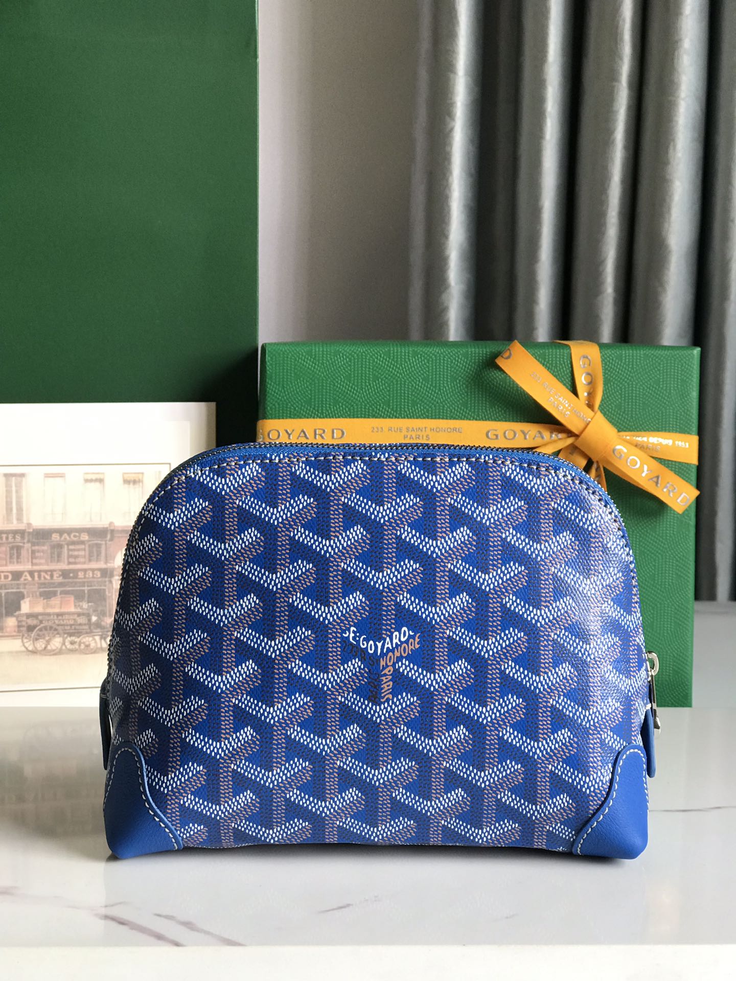 VENDÃ”ME COSMETIC POUCH 17 IN SAPPHIRE BLUE GOYARDINE CANVAS AND CALFSKIN TRIM