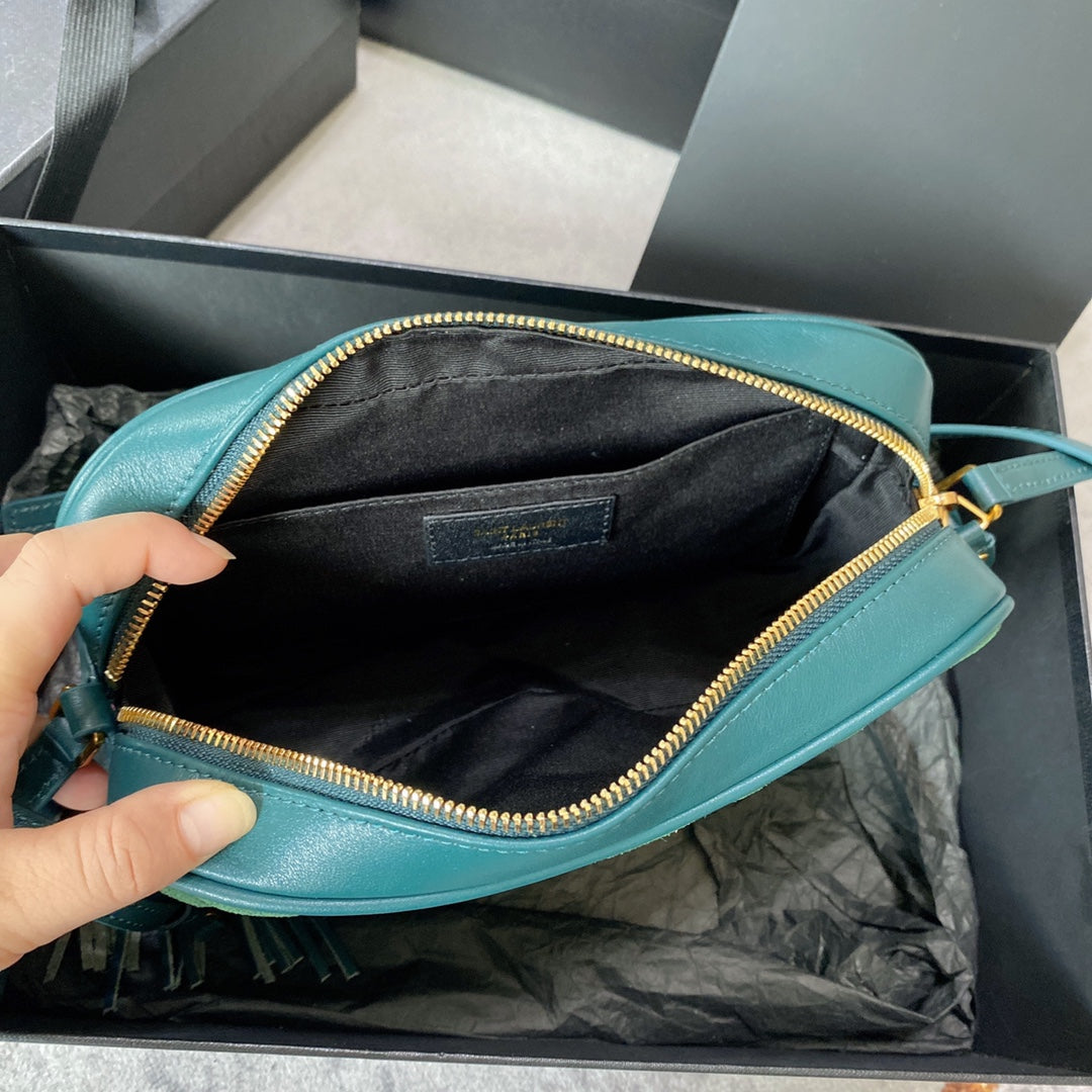 LOU CAMERA BAG 23 IN GREENISH SUEDE AND CALFSKIN TRIM