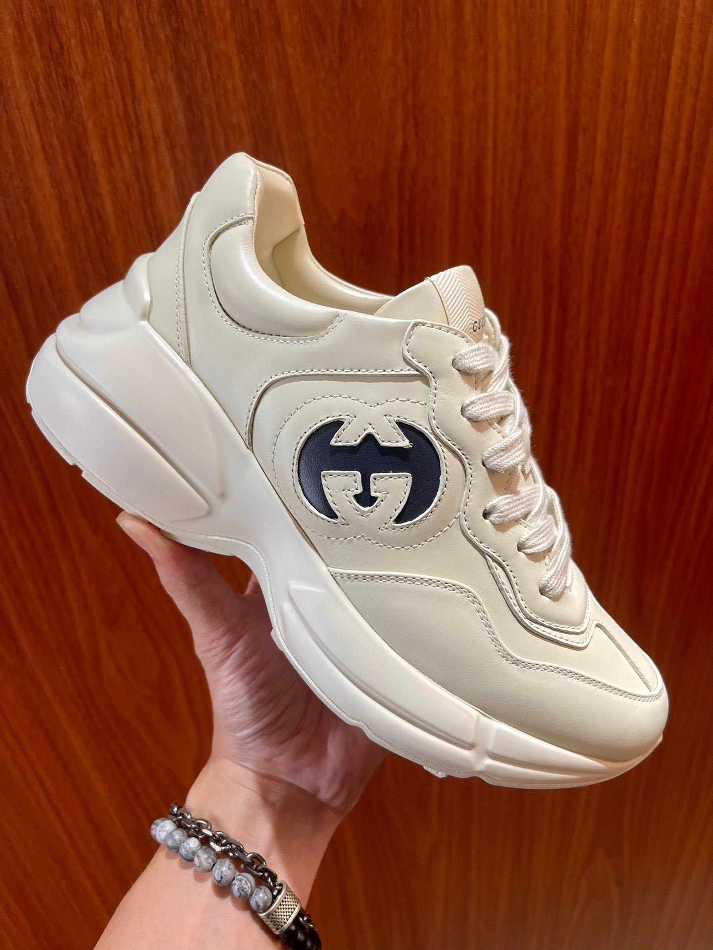 GG Men's Rhyton Sneaker Milk White Pink Calfskin 524491