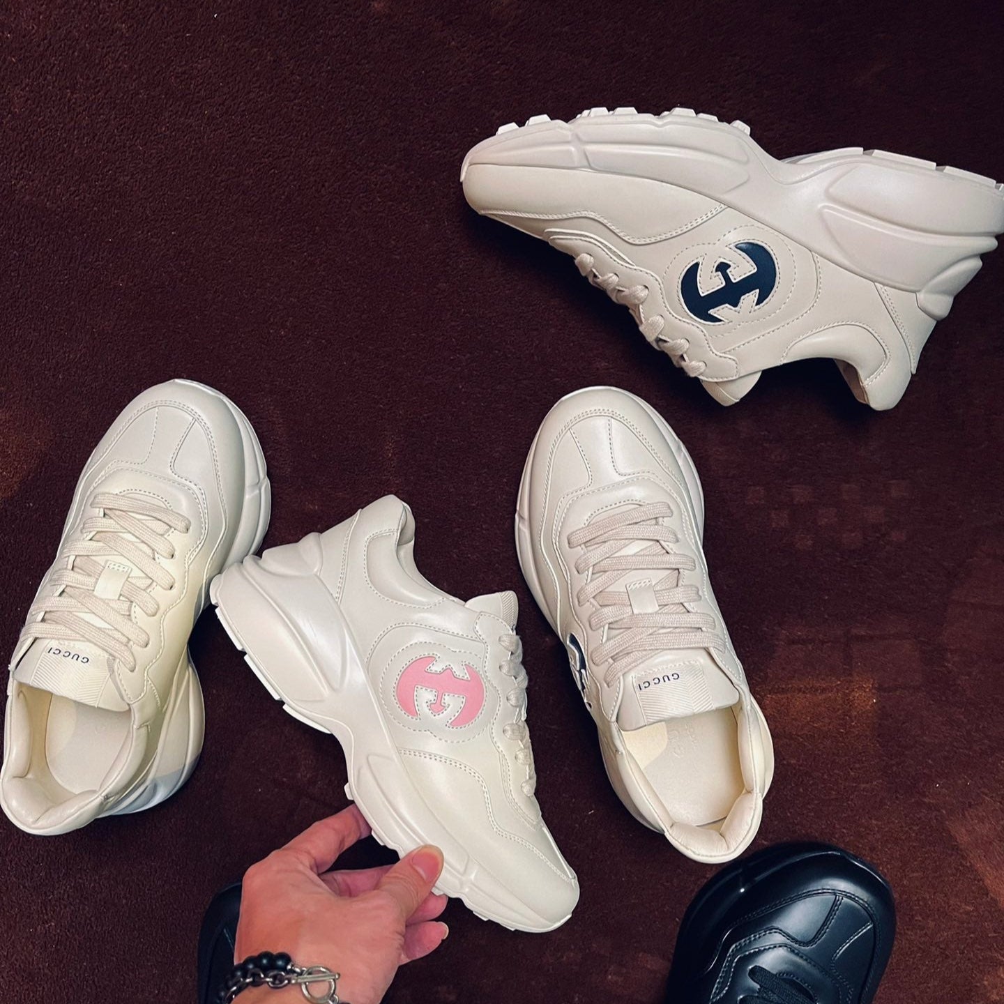 GG Men's Rhyton Sneaker Milk White Pink Calfskin 524491