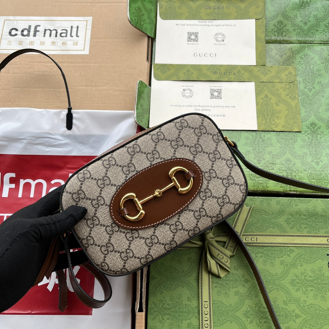 Gucci Horsebit 1995 Small Bag Brown mix Beige Leather 240125