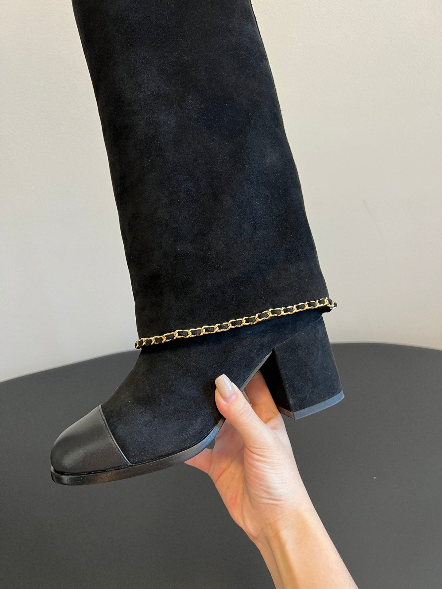 CC Hight Boots Black With Chain Suede And Cowhide 944967