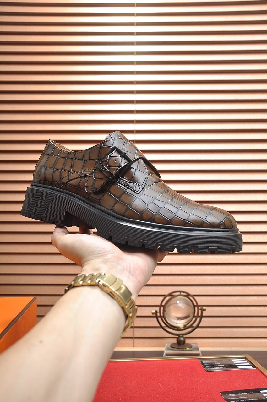 HM MONK STRAP CARAMEL WITH CROCODILE MOTIF CALFSKIN