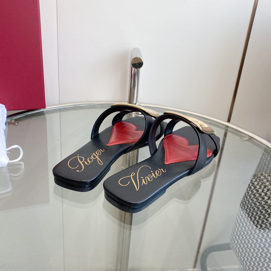 Viv Love Heart Slippers Black Fetal Cowhide 255204