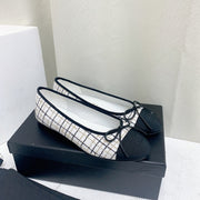 ballet flat white black tweed grosgrain