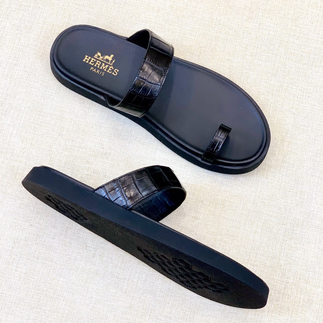 HM Men's Open-toe Sandals Black Rubber Sheepskin 561660