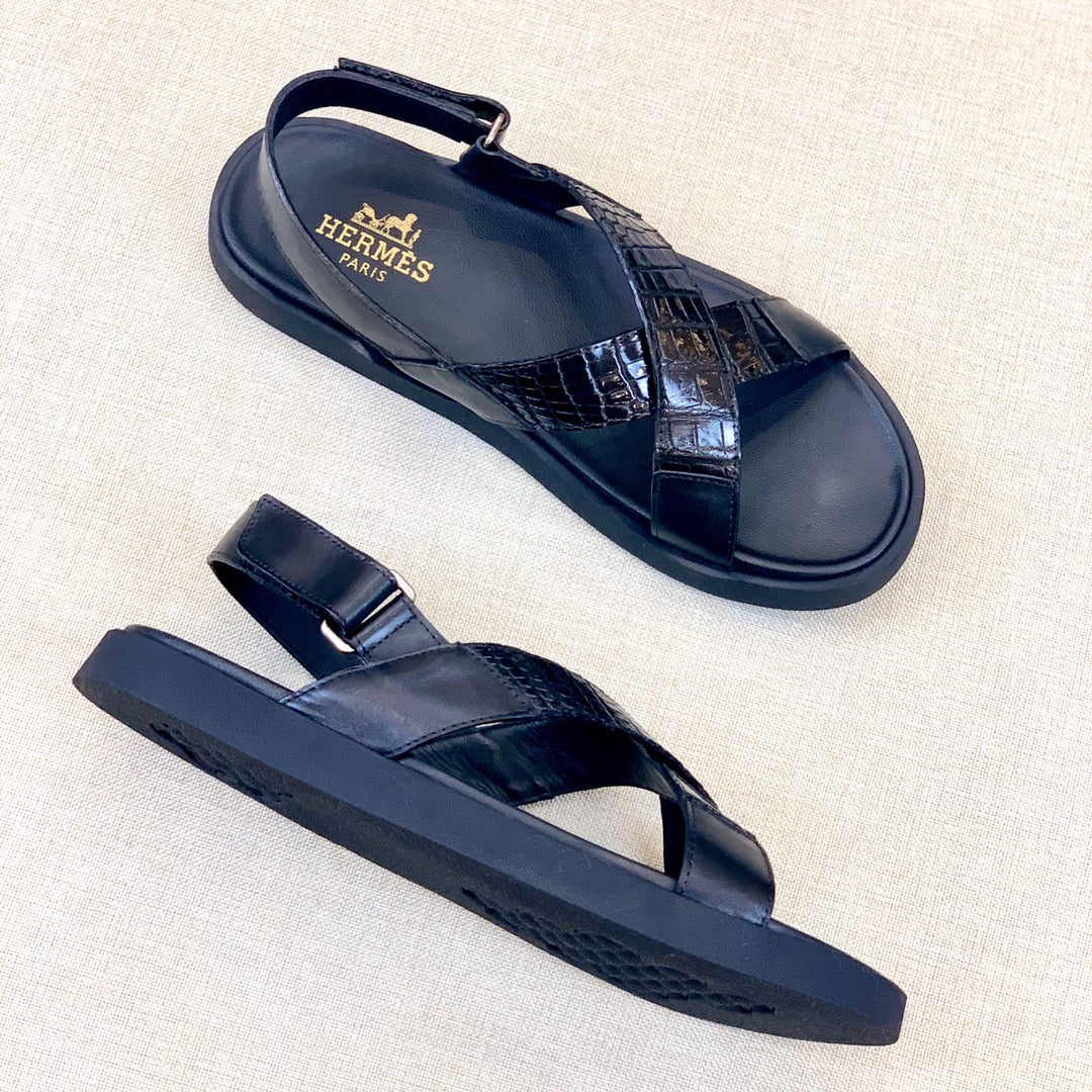 HM Men's "X" Sandals Black Rubber Sheepskin 561670