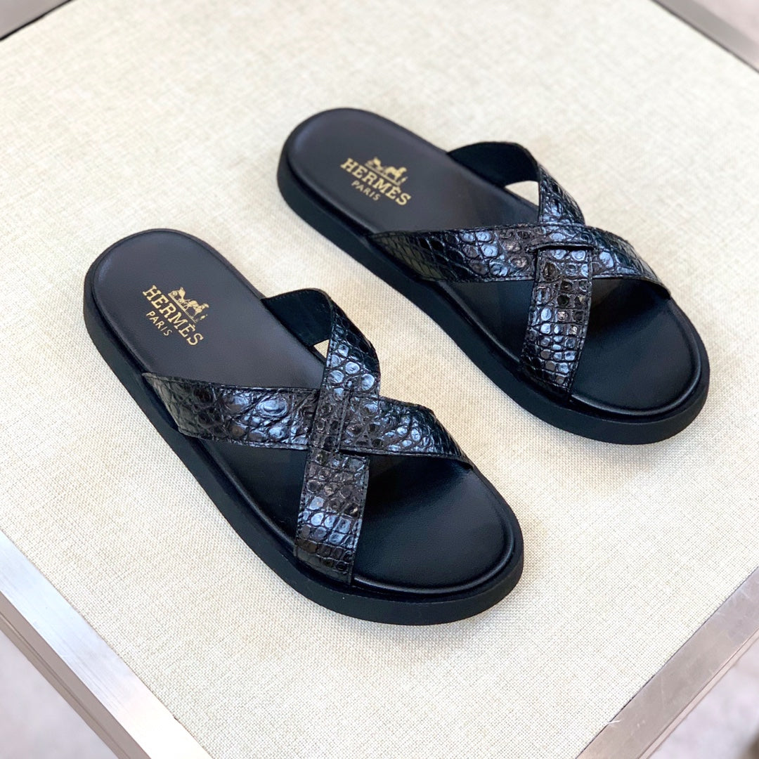 HM Men's "X" Slide Black Rubber Sheepskin 561672