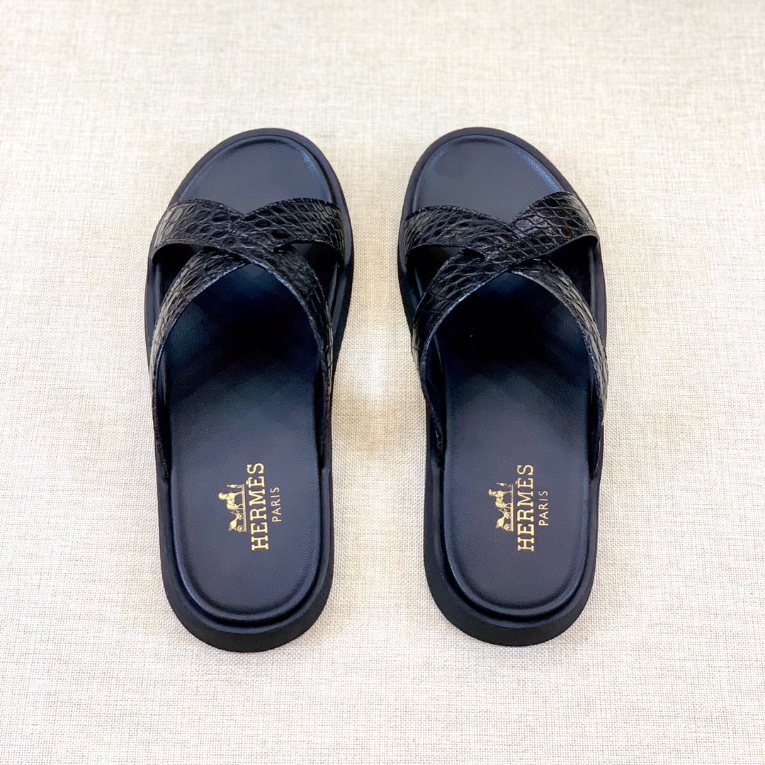 HM Men's "X" Slide Black Rubber Sheepskin 561672