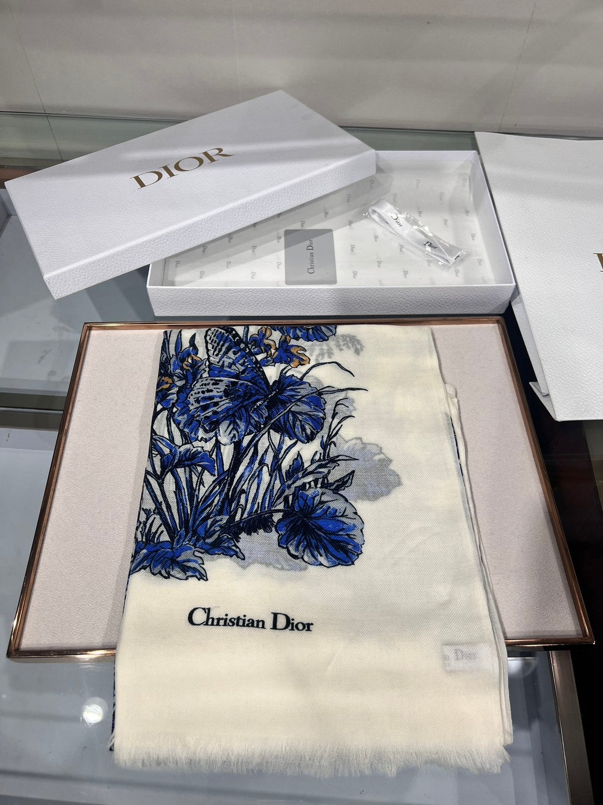 Dior 2026 Butterfly Floral Scarf 200cm Blue White Silk And Cashmere 183310