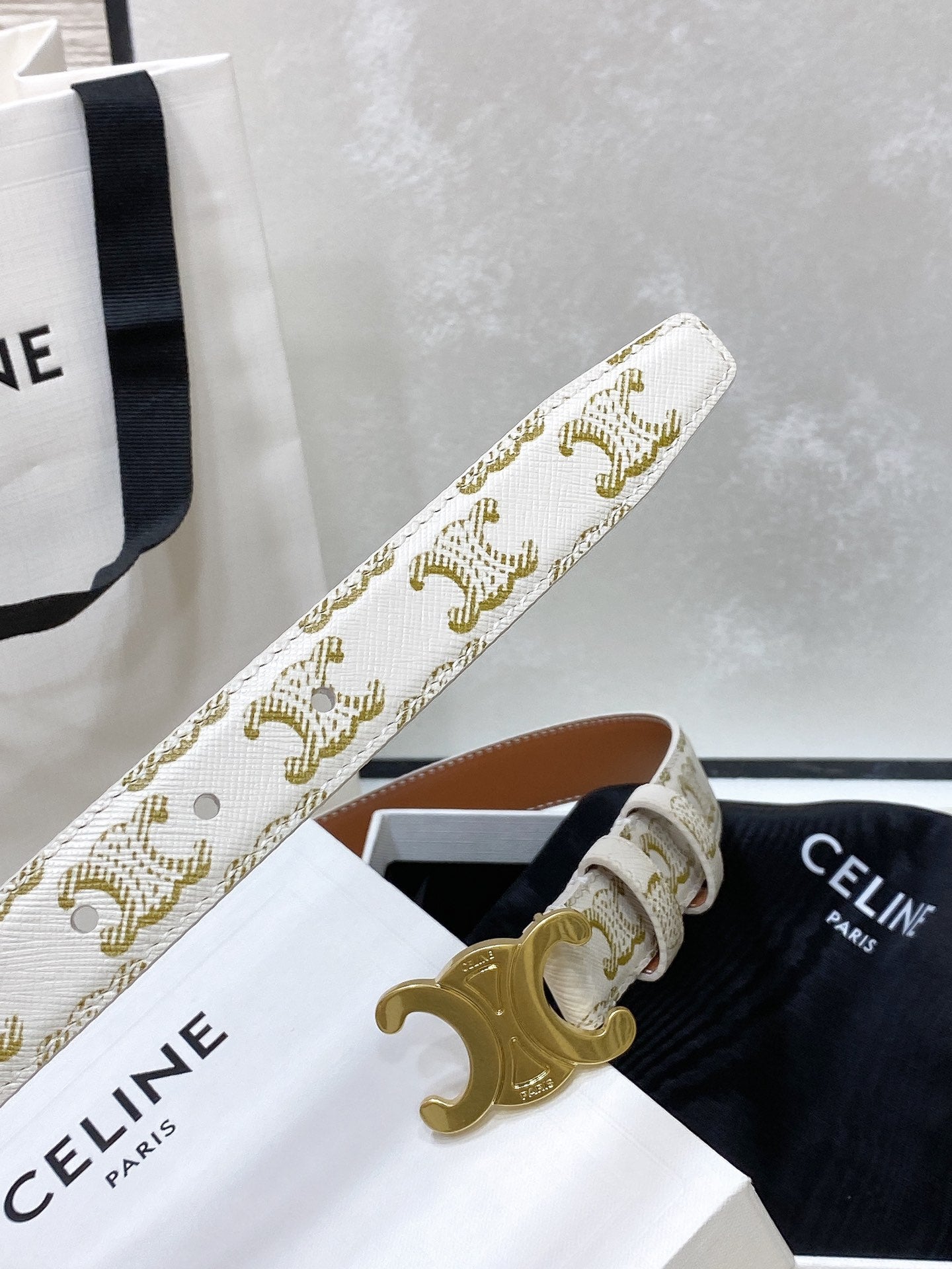 CEL Medium Triomphe Belt in Taurillon Monogram White Leather 175193